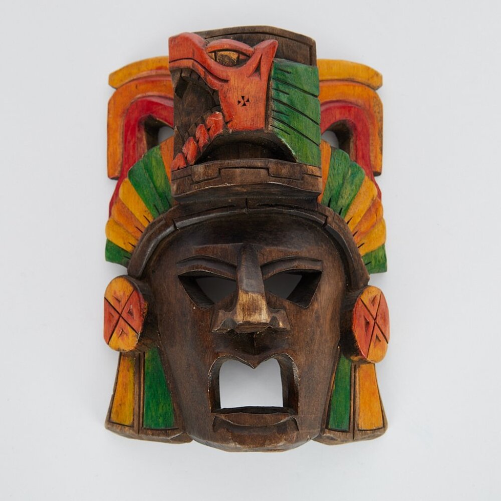 Mayan Aztec Mask Hand Carved Wooden Painted Folk Art Mexico Wall Decor
